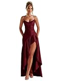 Gujach Burgundy Ruffle Prom Dresses for Women Long Corset Satin Bridesmaid Dress Spaghetti Straps Hi Low Formal Gown US0