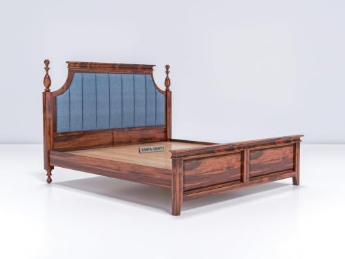 Image of Craft Solid Sheesham Wood Low Height King Size Bed Without Storage | Wooden Double Bed | Low Floor /Lying /Rise /Level /Profile Cot with Blue Upholstered Cushioned Headboard, Honey-B25