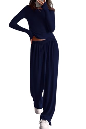 PRETTYGARDN Fall Outfits For Women 2025 Soft Pajamas Two Piece Lounge Sets Long Sleeve Shirts Wide Leg Pants Tracksuit