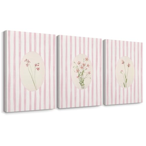 Pink Flower Wall Art Striped Floral Prints Botanical Canvas Wall Decor Aesthetic Pictures Pastel Pink Floral Poster Minimalist Flower Painting for Girl Room 12x16 Inch Wrapped Canvas Set of 3
