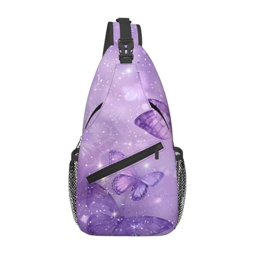 Image of SUPLUCHOM Sling Bag Butterfly Purple Pastel Hiking Daypack Crossbody Shoulder Backpack Travel Chest Pack for Men Women