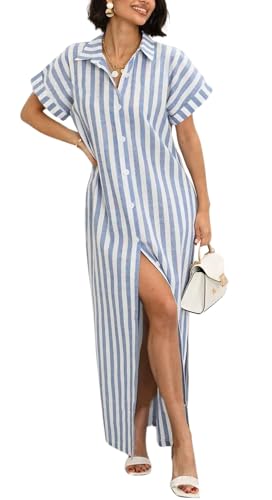 Image of utcoco Women's 2025 Striped Short Sleeve Cotton Maxi Shirt Dress Belted Side Slit Button Down Dress with Pockets
