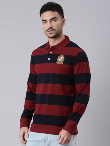 Image of Classic Polo Men's Full Sleeve Maroon /Black Polo Neck Slim Fit Colorblock Cotton T-Shirt