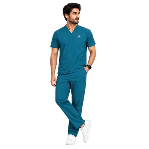Image of Unisex Medical Scrub Suit Set, V-Neck Top with Pants, Short Sleeve, Polyester Cotton Blend, 7 Pockets, Regular Fit, Hospital Doctor Nurse Uniform