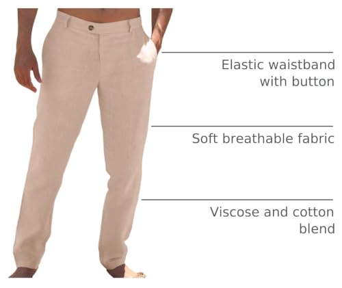Image of Runcati Mens Casual Pants Elastic Waist Linen Dress Lightweight Straight-Legs Loose Fit Summer Beach Yoga Trousers