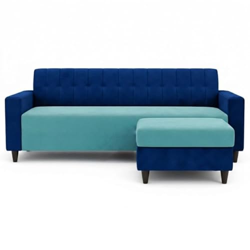 Image of FURNY Luxe 4 Seater L Shape Sofa Set with Movable Ottoman | Flexible Left or Right Layout | Plush Velvet Fabric (Dark Blue-Sky Blue) | Perfect for Living Room, Guest Room & Office