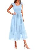 PRETTYGARDEN Women's Summer Midi Tulle Dress Sleeveless Smocked Square Neck Ruffle Flowy Party Wedding Guest Sundress (Light Blue,Medium)