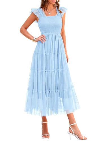 PRETTYGARDEN Women's Summer Midi Tulle Dress Sleeveless Smocked Square Neck Ruffle Flowy Party Wedding Guest Sundress (Light Blue,Medium)