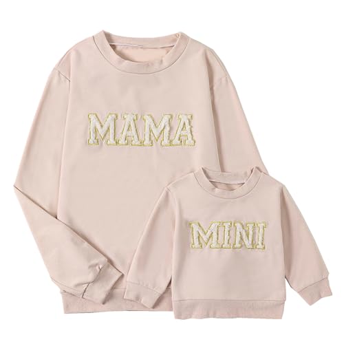 ZAXARRA Mommy and Me Matching Outfits Long Sleeve Crewneck Pullover Tops Mama Sweatshirt Mama and Mini Clothes (Baby, 6-12 Months, Mama and Mini-Beige)
