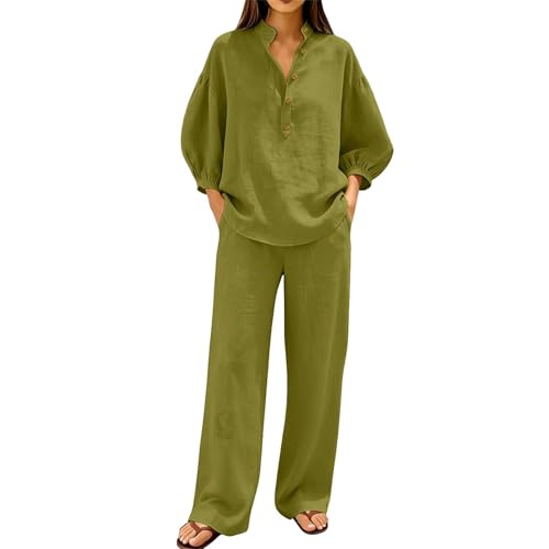 Ensemble 2 pièces coton et lin femme pantalon large et haut manches bouffantes vert XXL