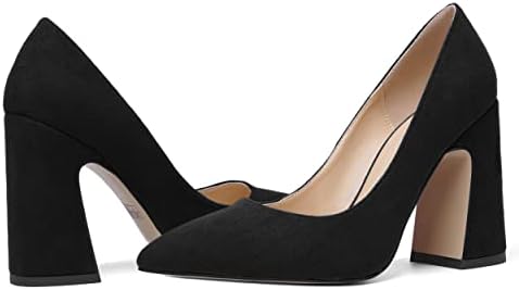 AMBELIGHT Women's Slip On Wedding Pointed Toe Fashion Chunky Suede 4 Inch High Heel Solid Pumps Shoes Black Size 9.5 - Zapato Tacon | Image 5