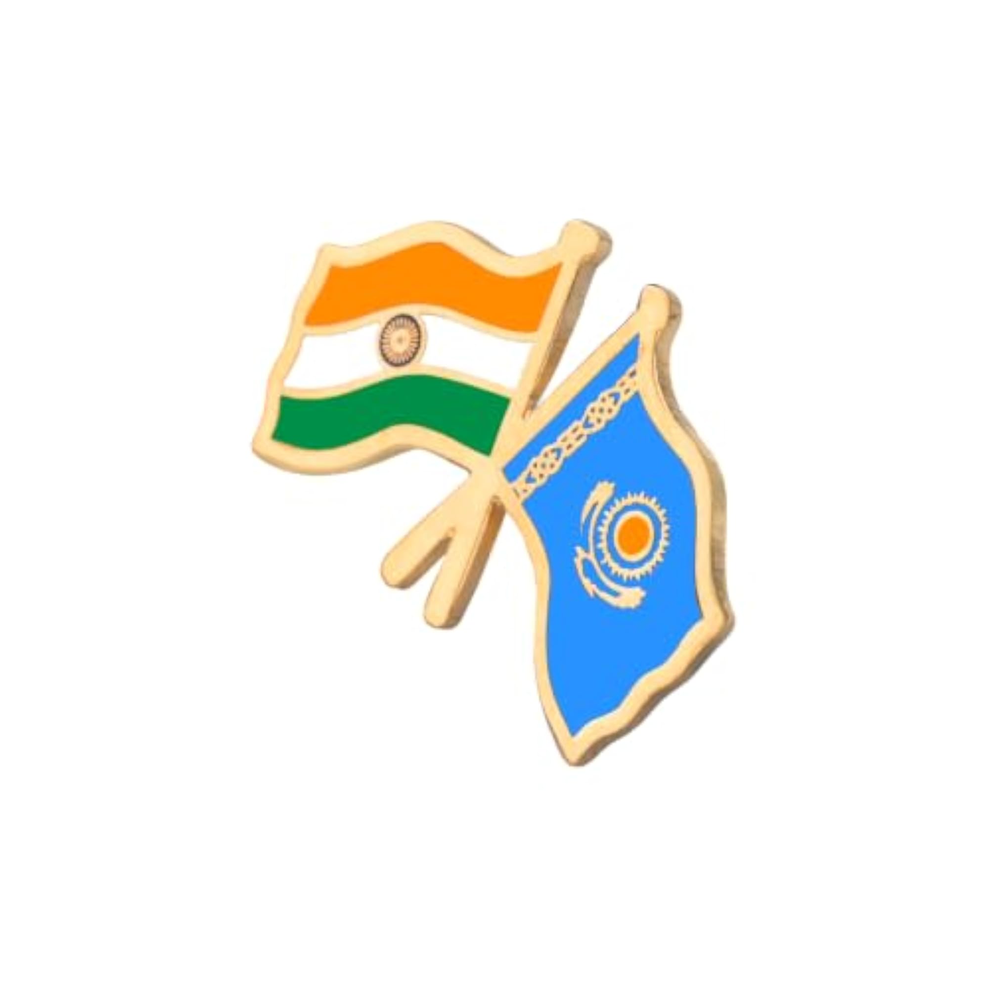 India & Kazakhstan Twin Flag Brass Lapel Pin, Premium Enamel Brooch