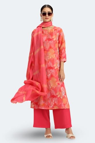 Image of Cotton Culture Peach Chinnon Floral Printed Straight Kurta Pant and Dupatta Suit Set