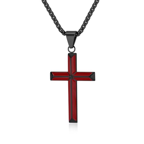 FUTPLOR Cross Necklace for Men Stainless Steel Red Enamel Black Cross Craft Minimalist Faith Jewelry Mens Cross Pendant 24 Inch Adjustable Box Chain Unisex (Medium Black Red)