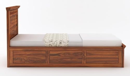 Image of Ganpati Arts Sheesham Wood Armania Single Size Bed with Box Storage for Bedroom | Wooden Single Bed Palang for Home (Natural Finish) 1 Year Warranty