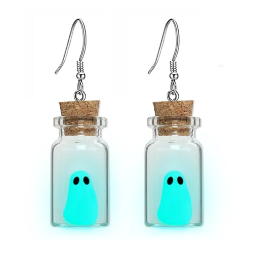 Ghost Earrings(Blue), The Adopt A Ghost In A Bottle Earring, Halloween Tiny Glow-In-The-Dark Spooky Charm Pendant Earrings Christmas Jewelry Gifts for Women
