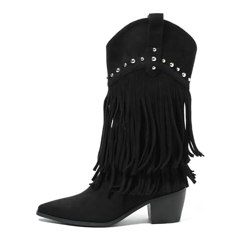 fereshte Fringe Boots For Women Stud Western Tassel Riding Cowgirl Cowboy Mid Calf Pull On Boots Suede Black 43 - US 9.5 Cover