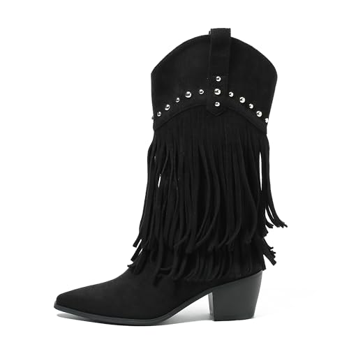 fereshte Womens Western Fringe Boots Mid-Calf Cowgirl Boot with Studded Detail Stacked Block Heel Layered Tassel Design Suede Black 38 - US 7