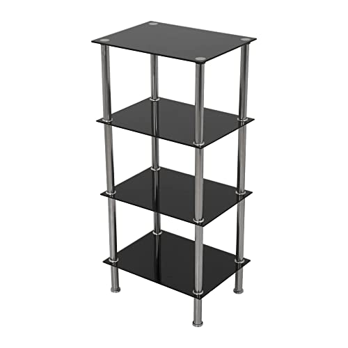 mahara Black Glass 4 Tier Modern Organisation Rack, Shelving Shelf Unit, Shelf Width 40cm x 30cm, Max Weight per Shelf 5kg for Living Rooms, Kitchen, Garage, etc