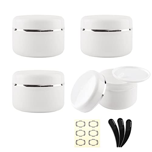 Alledomain 4pcs 150ml/150g White Cosmetic Sample Jars with 3Pcs Mini Spatulas & 6 Labels, Plastic Refillable Travel Pot Containers with Silver Dome Lids & Inner Liners for Makeup Creams Beauty Nails