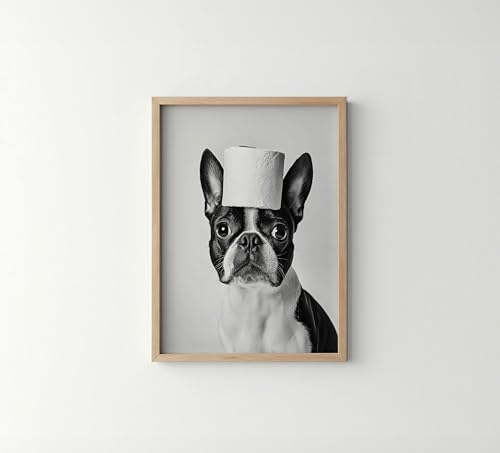 Image of Boston Terrier Funny Bathroom Wood Framed Wall Art Print Poster, Dog Pet Lover Picture Painting Artwork Bedroom Living Room Office Dining Room 150D (Boston Terrier Funny Bathroom, 14 inchL x 11 inchW, Wood Frame)