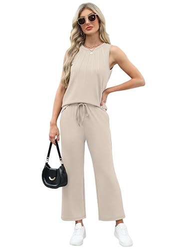 Image of WIHOLL Two Piece Sets for Women Summer Vacation Travel Outfits Pleated Tank Top Wide Leg Crop Pants Matching Lounge Sets