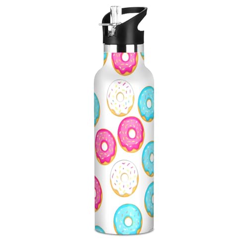 Wajiw Donuts Insulated Kid Water Bottle with Foldable Straw Lip - 20oz Hot & Cold Leak Proof Water Bottle with Wide Handle for Hiking, Camping, Sports