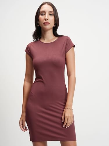 Image of Tokyo Talkies Women's Elegant Vertical Stripes Self-Design | Round Neck Sheath Dress | Ribbed Short Sleeves & Bodycon Fit for a Chic Look