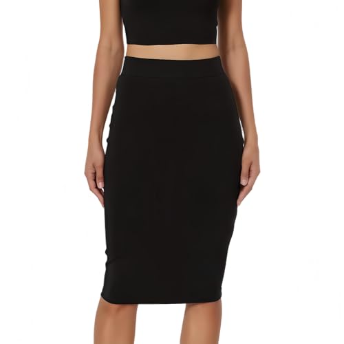 RuiChy Mujeres Talla Alta Bodycon Falda Midi Elástico Negro Faldas Lápiz hasta la Rodilla para Oficina Clubwear Casual Diario, L