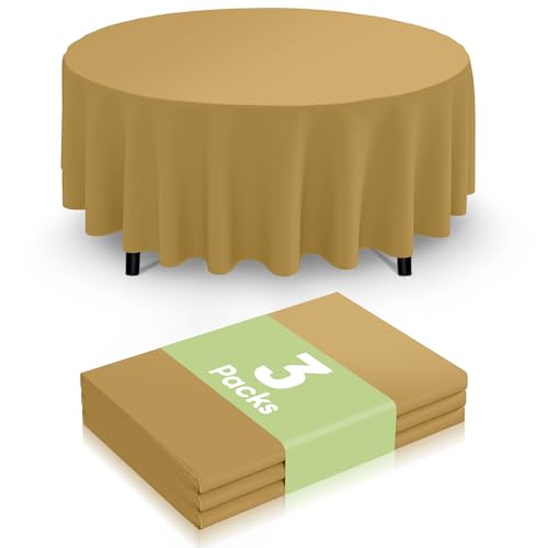 Image of Smiry Disposable Table Cloth 3 Pack, 84 Inch Round Waterproof Plastic Tablecloth, Decorative Round Table Covers for Party, Birthday, Picnic, Gold