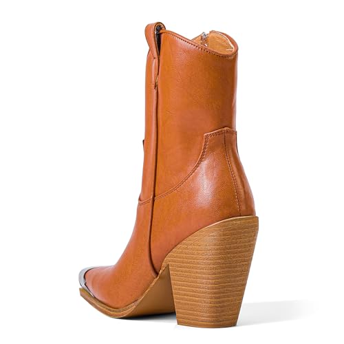 Image of Cowboy Ankle Boots for Women Engraved Steel Toe Cowgirl Boots Stacked Block Heels Short Cowboy Boot Fashion Dressy Western Country Booties