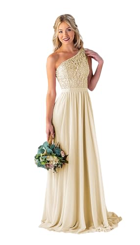 Image of Women's One Shoulder Bridesmaid Dresses Long for Wedding with Pockets Lace Bodice A-Line Chiffon Formal Party Gown