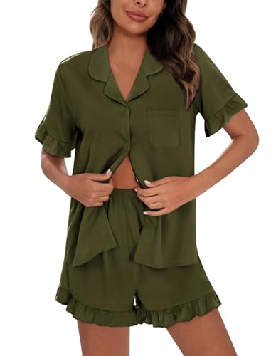 Image of SWOMOG Woman Pajama Set Short Sleeve Pjs Set 2Pcs Short Pajamas Button Down Ruffle Hem Sleepwear Soft Modal Loungewear