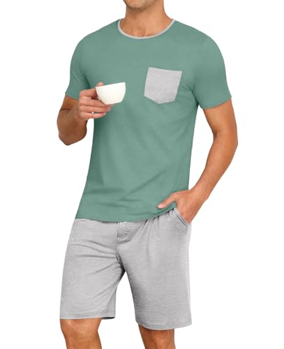 Image of PrinStory Mens Summer Pajamas Set Lightweight Pjs Sets Short Sleeve Pajama Shorts Set Soft Sleepwear Loungewear with Pockets