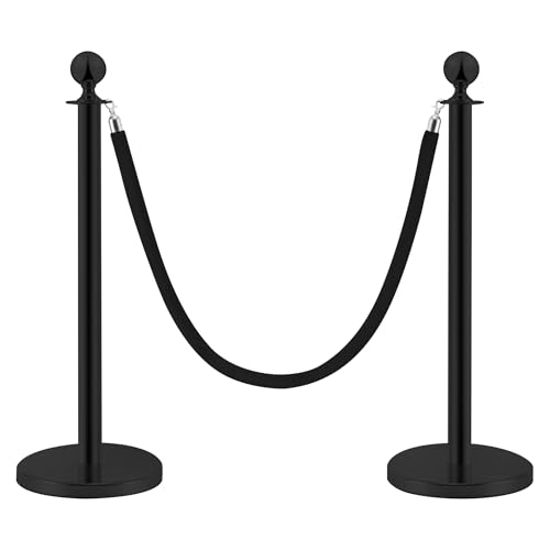 PINNERS Postes Separadores de Acero Inoxidable Negro 2 Piezas, 90 cm de Altura, Negros con Cuerda de Terciopelo Negro de 1,5 m, Conexión de 4 Vías, Base de 31 cm de Diámetro, Control de Multitudes