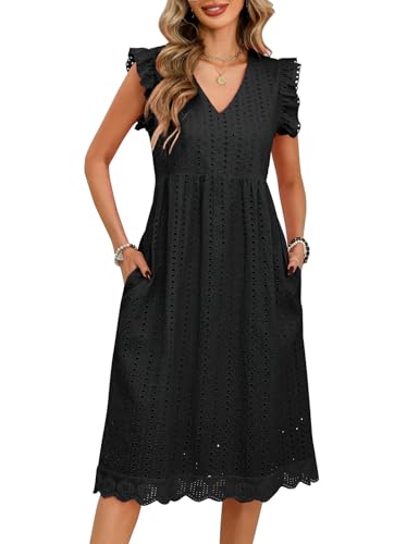 UMIPUBO Vestidos Verano Mujer Algodón Sin Mangas Volantes Cuello V Midi Vestido con Bolsillos Rectos Sueltos Elegante Bohemio Vestidos de Playa Casual (Negro, XL)
