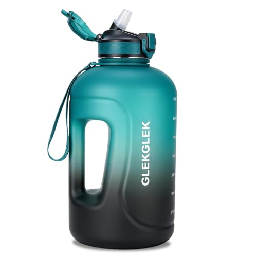 GLEKGLEK Botellas de Agua 3 Litros con Pajita, sin BPA, Verde y Negro | Botella Grande 3l con Asa y Pajita, A Prueba de Fugas, con Marcas de tiempo, para Gimnasio, Camping Actividades al aire libre