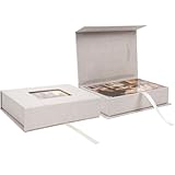 Hiwhy Linen Photo Storage Box, 4 x 6 Inch Memory Keepsake Organizer with Transparent Window, Stylish Photo Box for Storing Pictures, Keepsakes, Postcards, Scrapbooking Supplies, Beige