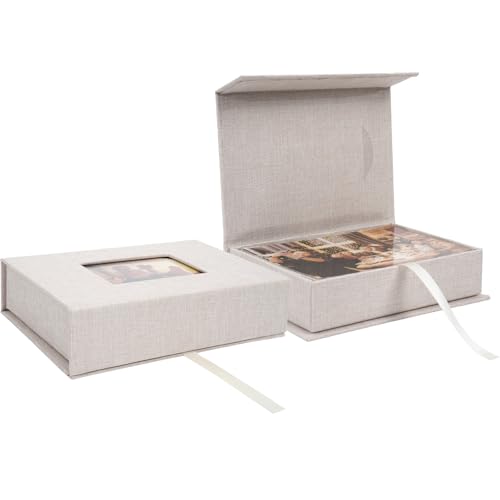 Hiwhy Foto Aufbewahrungsbox 17 5×12 cm mit Sichtfenster Leinen Fotobox für Bilder Erinnerungsbox für Fotos Urkunden Scrapbooking-Zubehör Andenken und Schmuck Beige