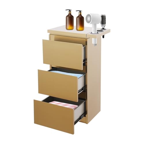 Stainless Steel Beauty Salon Storage Cabinet, 3-Drawer Rolling Styling Station Compact Beauty Salon Organizer Cabinet Portable Mobile Beauty Trolley with Hair Dryer Holder for Barbershop Spa Tattoo