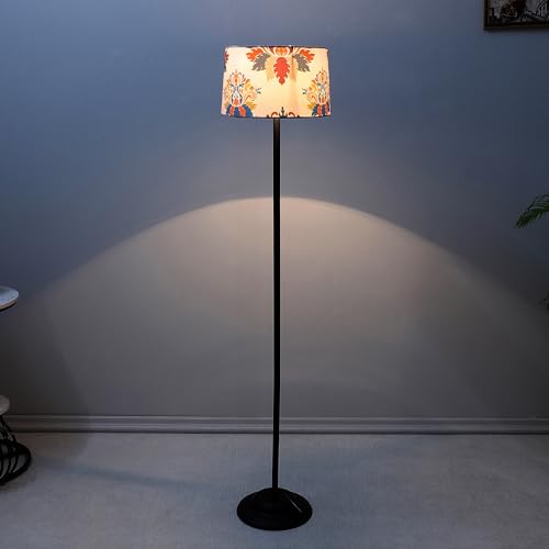 Image of tu casa Black Metal-Iron Base Foldable Floor Lamps with English Oak Print & Satin Shade for Bedroom, Living Room, Lounge, Office Area, Gifting Without Bulb for Home Decoration (Height - 53 inch)
