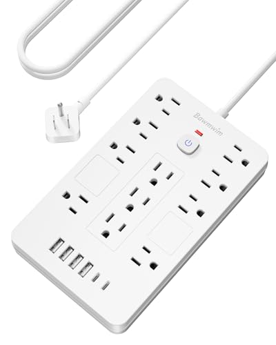 Bawmwim Surge Protector Power Strip - 11 Outlets (1850/15A/14AWG) with 6 USB Ports(2 USB C), 6FT Flat Plug Extension Cord, Wall Mount, White,Listed for Home, Dorm Room