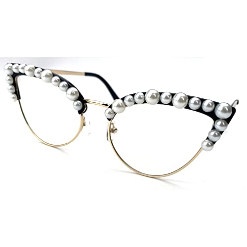 Image of Cat Eye Pearl Blue Light Blocking Glasses for Women Oversize Fashion Diamond bling bling Eyewear
