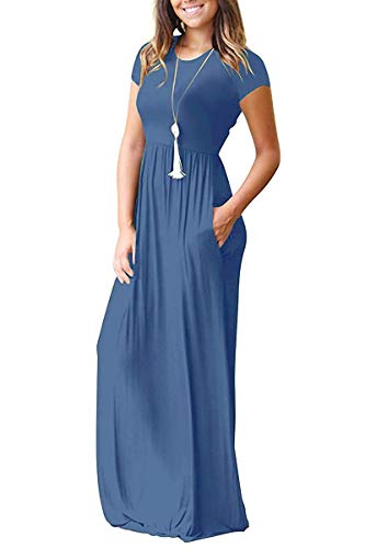 Image of MISFAY Women's Short Sleeve Maxi Dresses Long Casual Dresses with Pockets | Empire Elastic Waist, Crew Neck, Floor Length, Strentchy Flowy A Line Fit, Loose Plain Summer Outfits, Vacation Wear