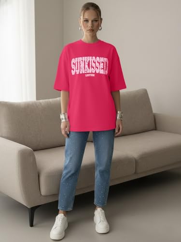 Image of LEOTUDE Women Cottonblend Drop Shoulder Oversized Round Neck Half Sleeve