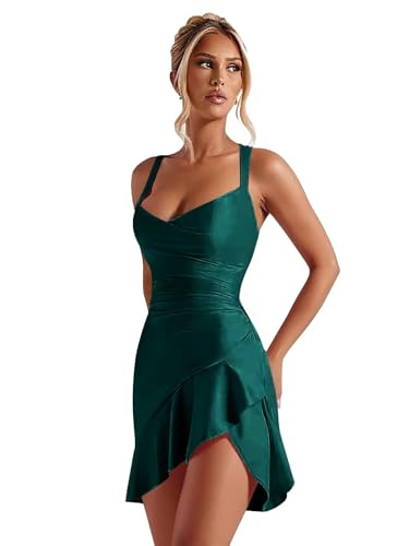 Homecoming Dresses for Teens Spaghetti Strap Ruffles V-Neck Sweet 16 Pleated Mini Length Cocktail Party Dress