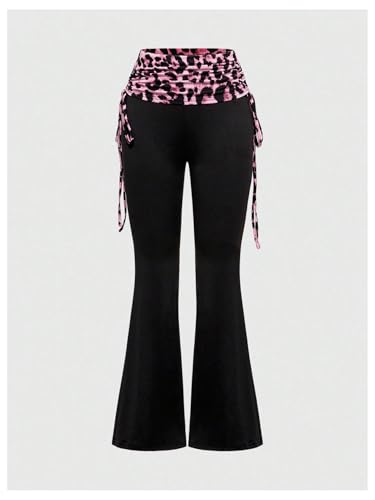 Image of RoseSeek Women's 2 Piece Outfits Rhinestone Leopard Tube Tops & Side Drawstring Bell Bottoms Y2k Outfit