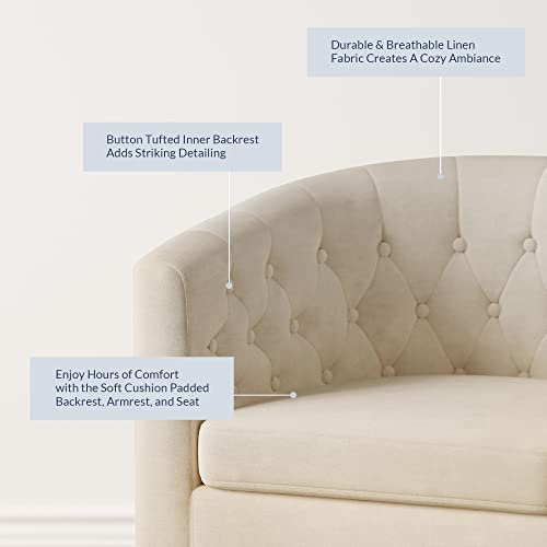 Image of BELLEZE Accent Barrel Arm Chair Set of 2, Modern Comfy Upholstered Tufted Club Chair with Sturdy Legs and Linen Fabric for Bedroom Living Room - White