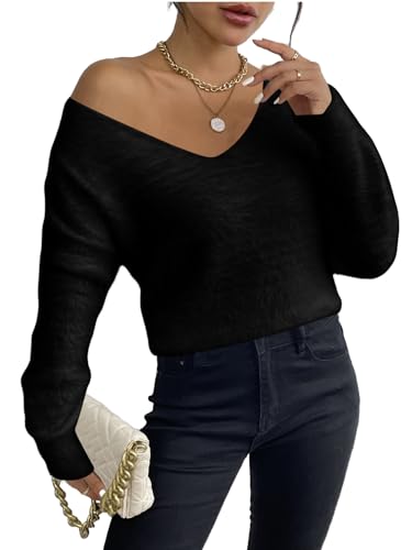 MakeMeChic Women's Fuzzy Sweater V Neck Long Sleeve Drop Shoulder Pullover Sweater4