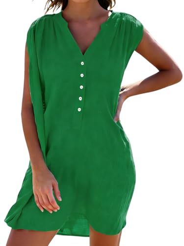 JFAN Camisolas Playa Mujer Verano Vestido de Playa Cuello V Camisa Sin Mangas Suelta de Bikini Cover Up Beachwear(Verde,Talla única)